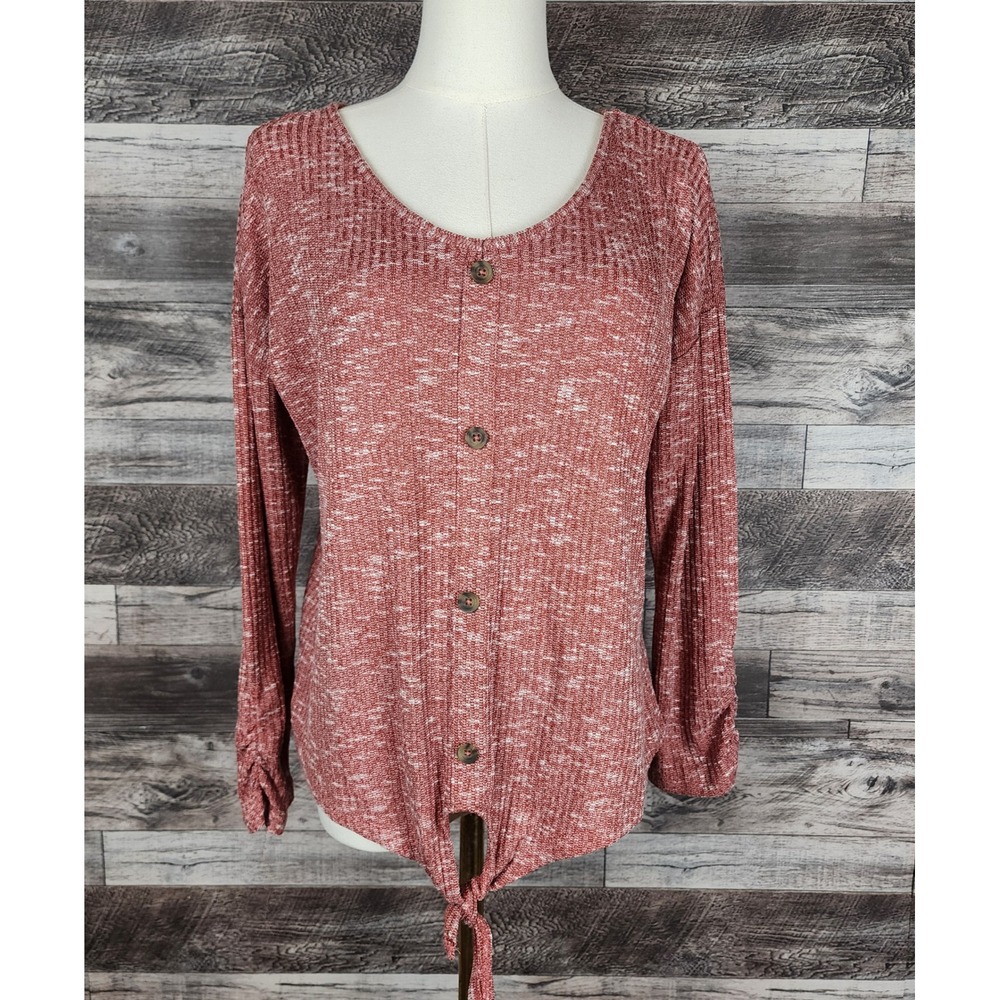 Bobbie Brooks Womens Large Red Space Dye Ribbed Long Sleeve Front Tie Top Ribbed